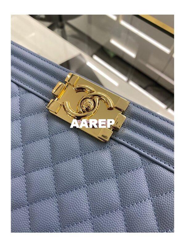 Replica Chanel Medium Boy Handbag in Grained Calfskin with Shining Gold Hardware 67086 Ash Blue 6