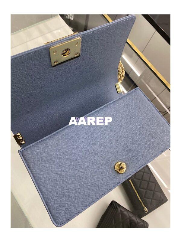 Replica Chanel Medium Boy Handbag in Grained Calfskin with Shining Gold Hardware 67086 Ash Blue 12