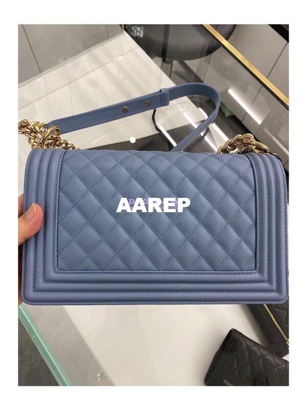 Replica Chanel Medium Boy Handbag in Grained Calfskin with Shining Gold Hardware 67086 Ash Blue 14