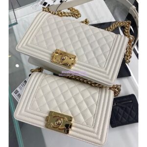 Replica Chanel Medium Boy Handbag in Grained Calfskin with Shining Gold Hardware 67086 White