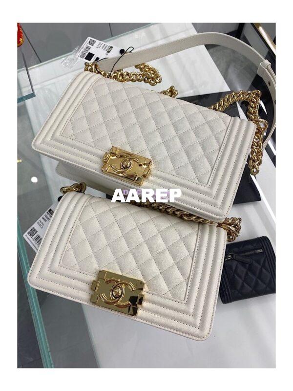 Replica Chanel Medium Boy Handbag in Grained Calfskin with Shining Gold Hardware 67086 White 3