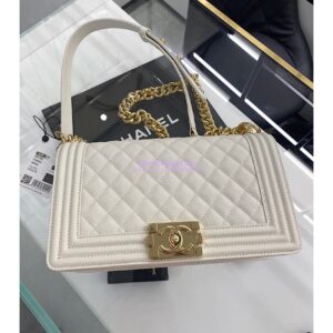 Replica Chanel Medium Boy Handbag in Grained Calfskin with Shining Gold Hardware 67086 White 2
