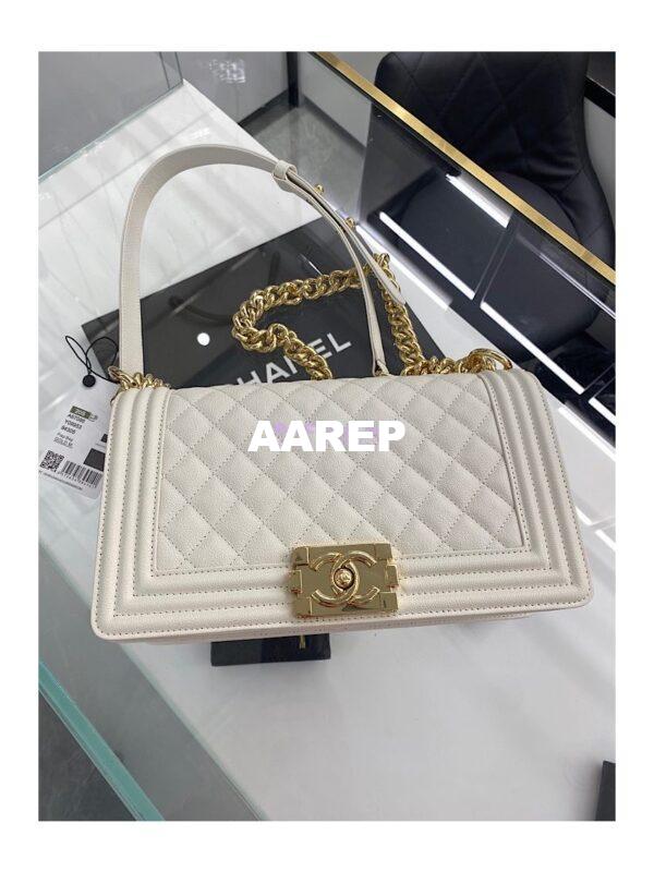 Replica Chanel Medium Boy Handbag in Grained Calfskin with Shining Gold Hardware 67086 White 4
