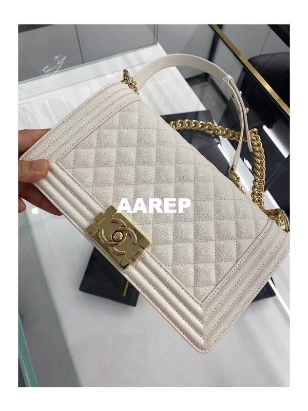 Replica Chanel Medium Boy Handbag in Grained Calfskin with Shining Gold Hardware 67086 White 5