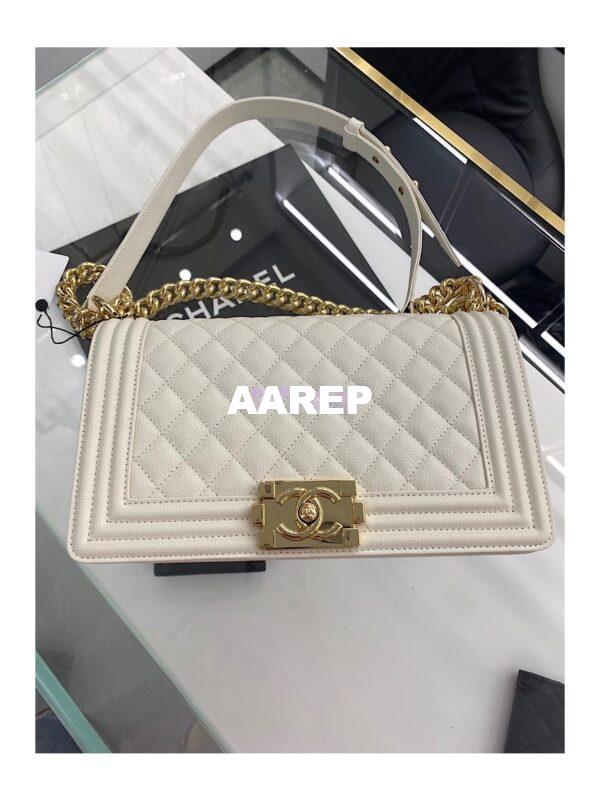 Replica Chanel Medium Boy Handbag in Grained Calfskin with Shining Gold Hardware 67086 White 6