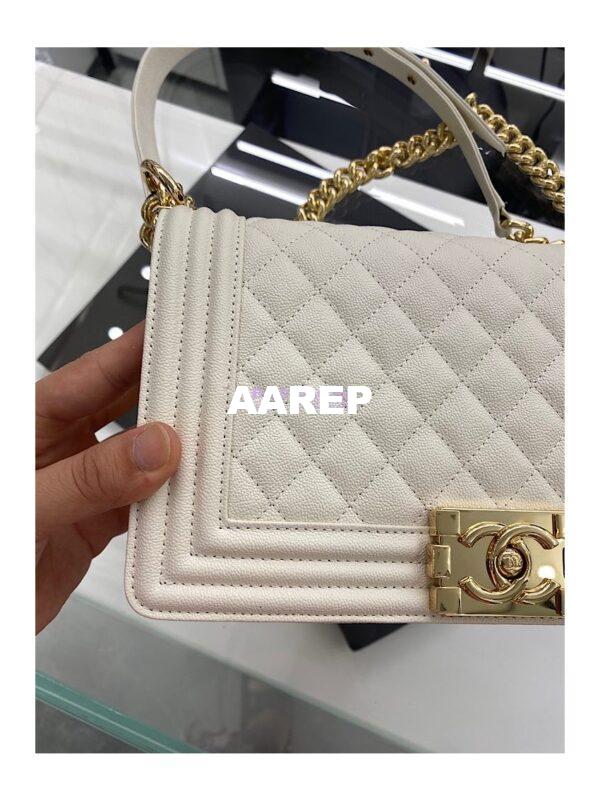 Replica Chanel Medium Boy Handbag in Grained Calfskin with Shining Gold Hardware 67086 White 7