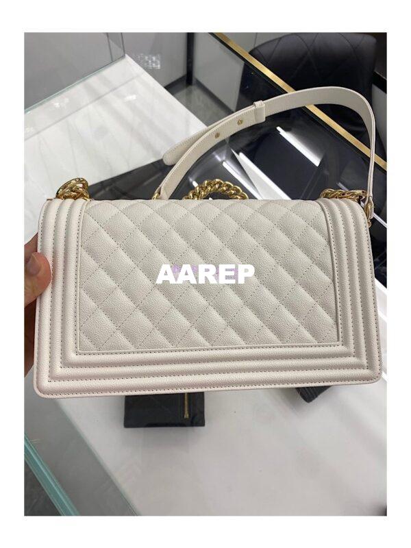 Replica Chanel Medium Boy Handbag in Grained Calfskin with Shining Gold Hardware 67086 White 14