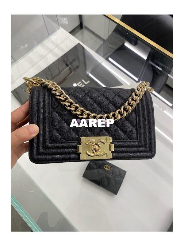 Replica Chanel Boy Handbag in Grained Calfskin with Shining Gold Hardware 67085 67086 Black 15