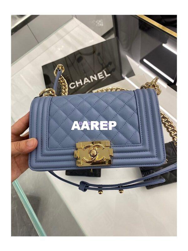 Replica Chanel Small Boy Handbag in Grained Calfskin with Shining Gold Hardware 67085 Ash Blue 3