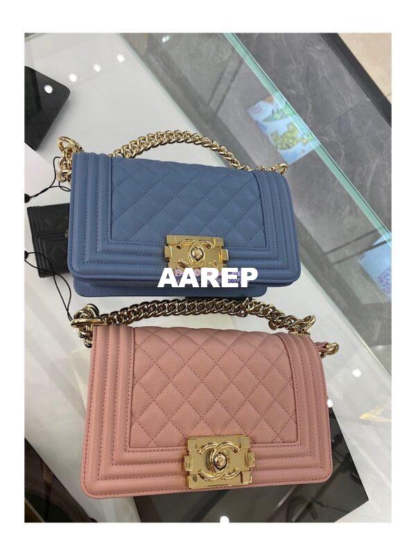Replica Chanel Small Boy Handbag in Grained Calfskin with Shining Gold Hardware 67085 Ash Blue 4