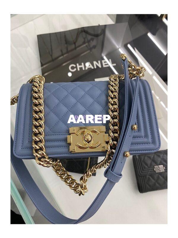 Replica Chanel Small Boy Handbag in Grained Calfskin with Shining Gold Hardware 67085 Ash Blue 5
