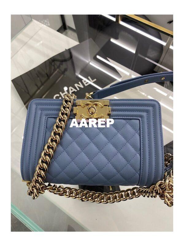 Replica Chanel Small Boy Handbag in Grained Calfskin with Shining Gold Hardware 67085 Ash Blue 6