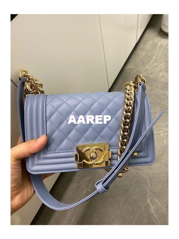 Replica Chanel Small Boy Handbag in Grained Calfskin with Shining Gold Hardware 67085 Ash Blue 7