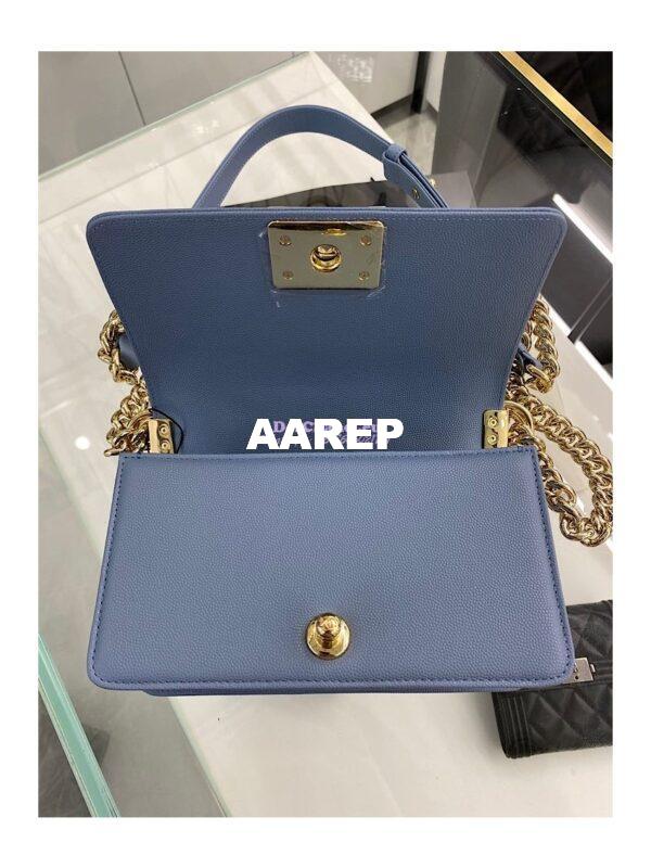 Replica Chanel Small Boy Handbag in Grained Calfskin with Shining Gold Hardware 67085 Ash Blue 12