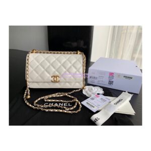 Replica Chanel Calfskin Wallet On Chain WOC with adjustable chain strap AP2289 White