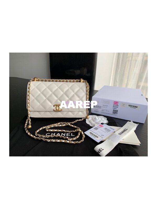 Replica Chanel Calfskin Wallet On Chain WOC with adjustable chain strap AP2289 White 3