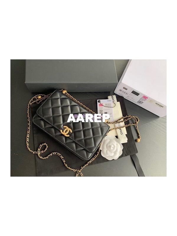Replica Chanel Calfskin Wallet On Chain WOC with adjustable chain strap AP2289 Black 5