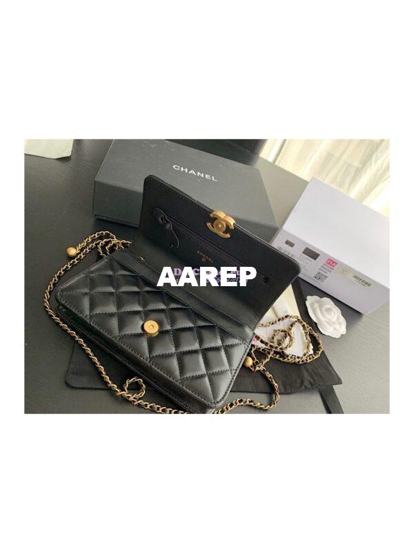 Replica Chanel Calfskin Wallet On Chain WOC with adjustable chain strap AP2289 Black 8