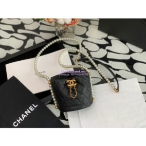 Replica Chanel Pearl Chain Mini Lambskin Drawstring Bag AS2529 Black