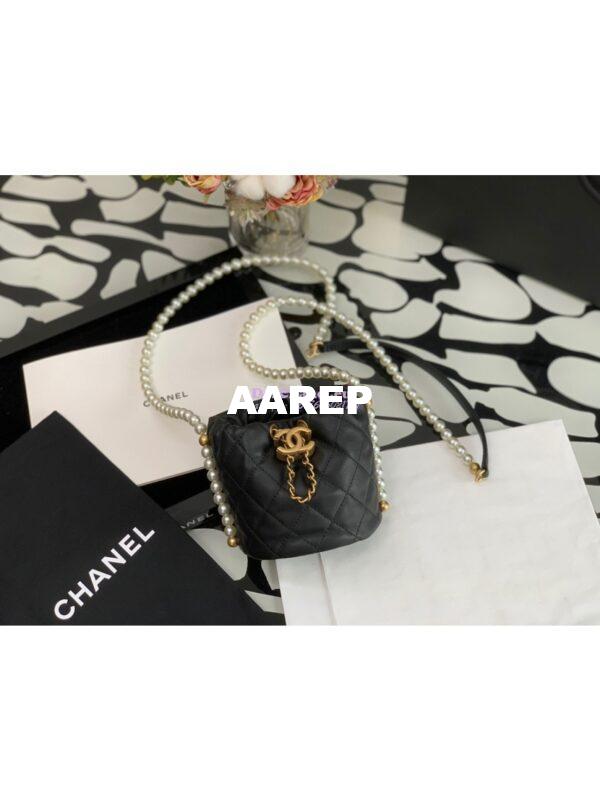 Replica Chanel Pearl Chain Mini Lambskin Drawstring Bag AS2529 Black 3