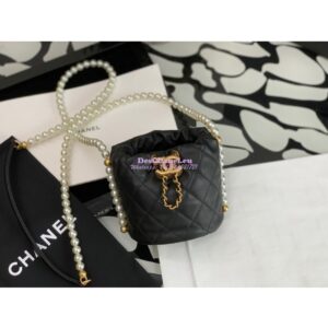 Replica Chanel Pearl Chain Mini Lambskin Drawstring Bag AS2529 Black 2
