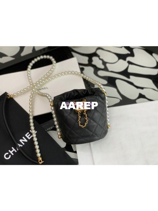 Replica Chanel Pearl Chain Mini Lambskin Drawstring Bag AS2529 Black 4