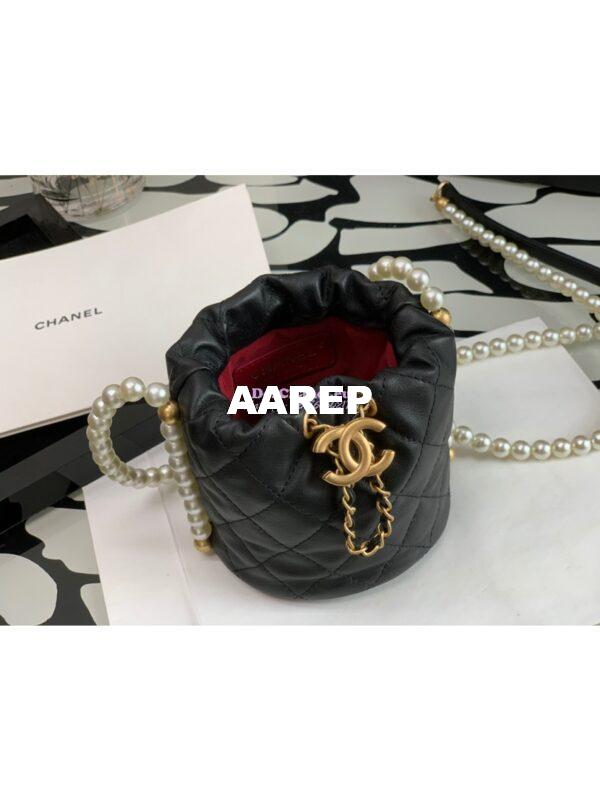 Replica Chanel Pearl Chain Mini Lambskin Drawstring Bag AS2529 Black 5