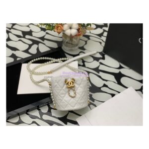 Replica Chanel Pearl Chain Mini Lambskin Drawstring Bag AS2529 White