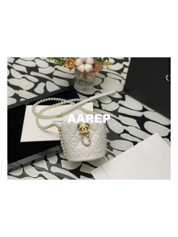 Replica Chanel Pearl Chain Mini Lambskin Drawstring Bag AS2529 White
