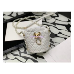 Replica Chanel Pearl Chain Mini Lambskin Drawstring Bag AS2529 White 2