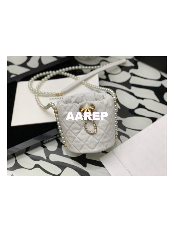 Replica Chanel Pearl Chain Mini Lambskin Drawstring Bag AS2529 White 2