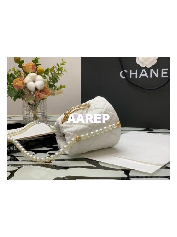 Replica Chanel Pearl Chain Mini Lambskin Drawstring Bag AS2529 White 5