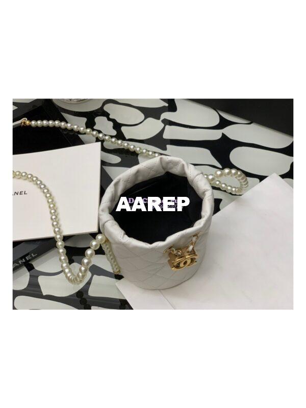 Replica Chanel Pearl Chain Mini Lambskin Drawstring Bag AS2529 White 8