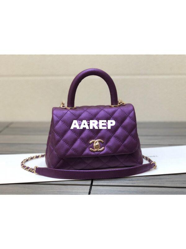 Replica Chanel Mini Coco Handle Bag in Iridescent Grained Calfskin with Shining Gold Hardware AS2215 Purple 3