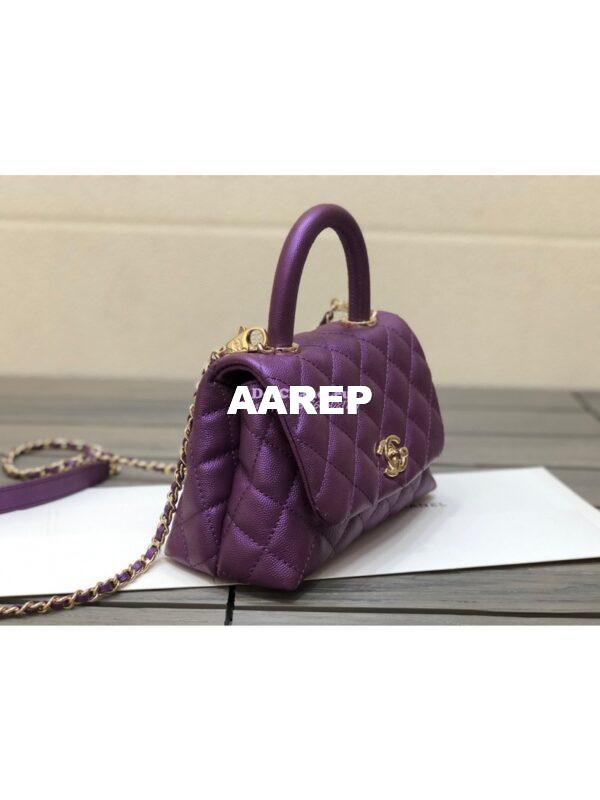 Replica Chanel Mini Coco Handle Bag in Iridescent Grained Calfskin with Shining Gold Hardware AS2215 Purple 4
