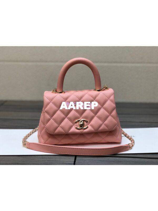 Replica Chanel Mini Coco Handle Bag in Grained Calfskin with Shining Gold Hardware AS2215 Light Pink 3