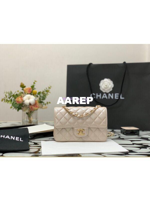 Replica Chanel Quilted Mini Classic Flap CF Bag 20cm in Iridescent Lambskin Beige 3