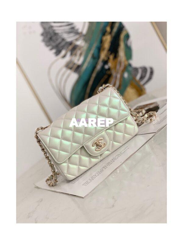 Replica Chanel Quilted Mini Classic Flap CF Bag 20cm in Iridescent Lambskin White