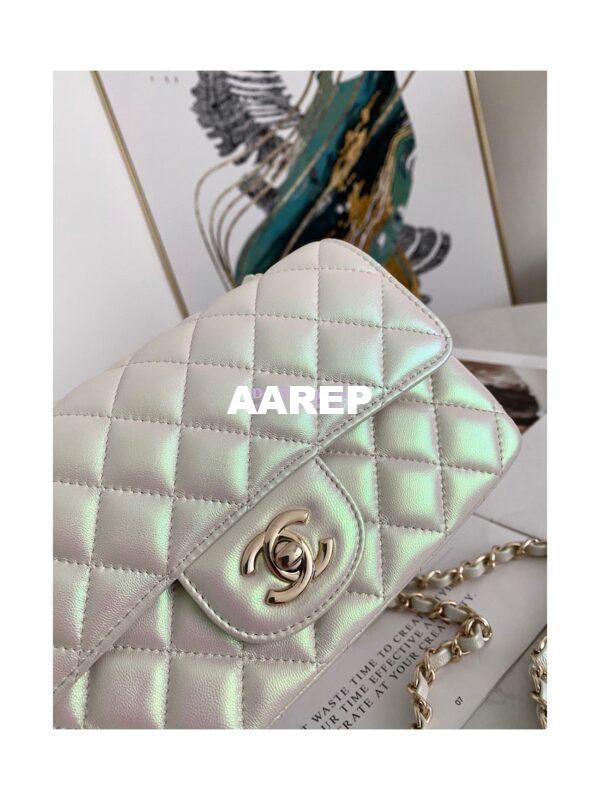Replica Chanel Quilted Mini Classic Flap CF Bag 20cm in Iridescent Lambskin White 3