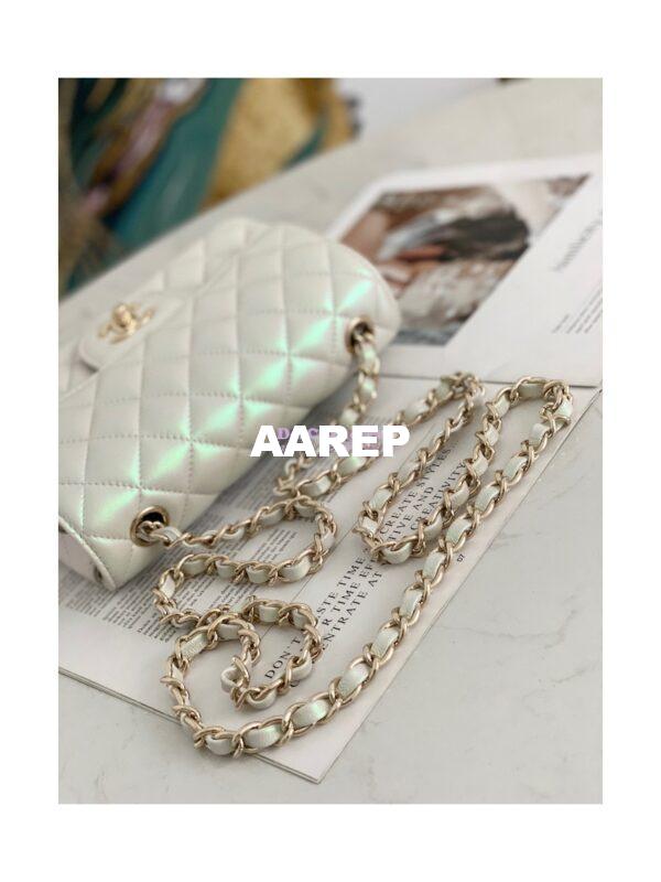 Replica Chanel Quilted Mini Classic Flap CF Bag 20cm in Iridescent Lambskin White 4