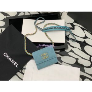 Replica Chanel 19 Flap Coin Purse With Chain AP1787 in Blue Denim