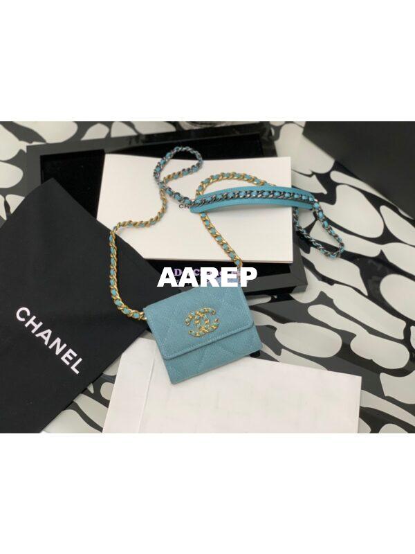 Replica Chanel 19 Flap Coin Purse With Chain AP1787 in Blue Denim 3