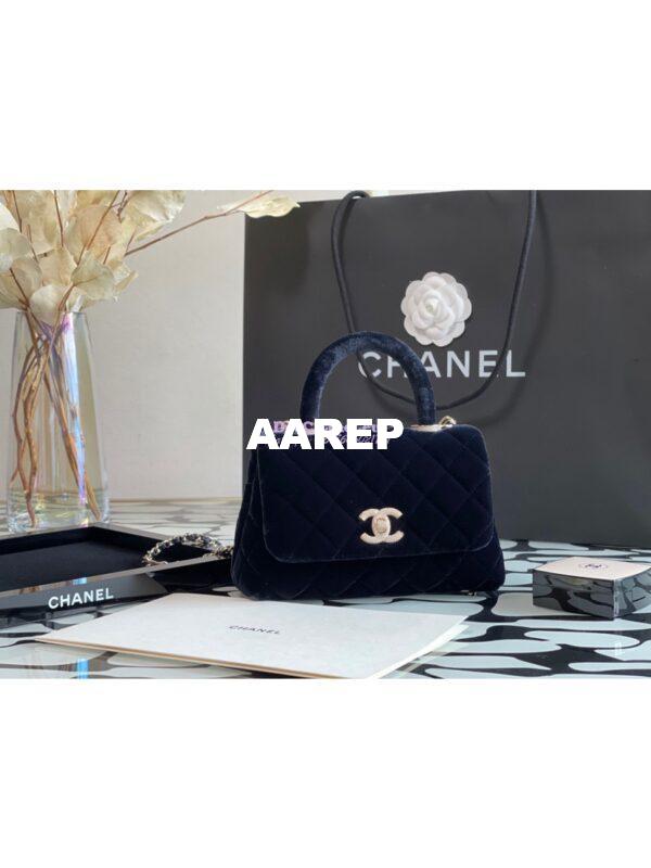 Replica Chanel Mini Coco Handle Bag in Dark Blue Velvet with Strass Hardware AS2215 3