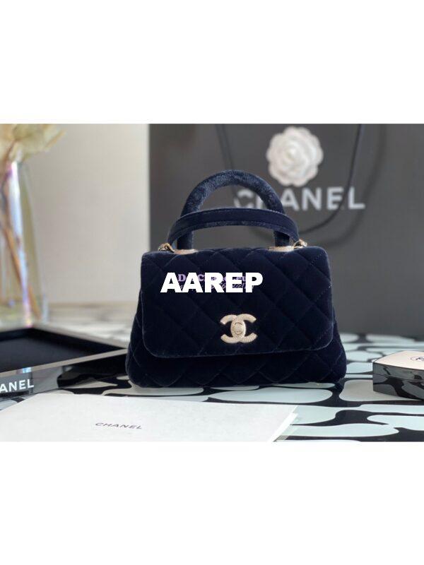Replica Chanel Mini Coco Handle Bag in Dark Blue Velvet with Strass Hardware AS2215 4