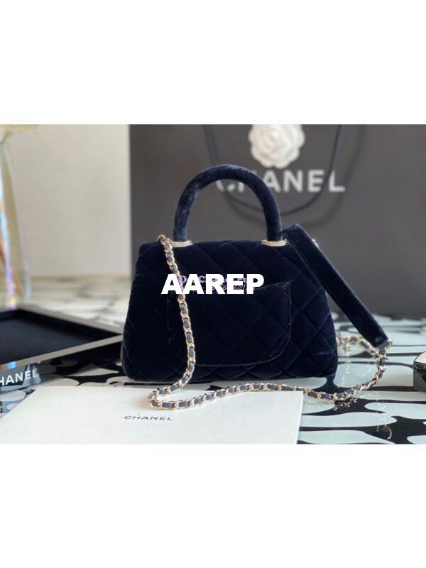 Replica Chanel Mini Coco Handle Bag in Dark Blue Velvet with Strass Hardware AS2215 7
