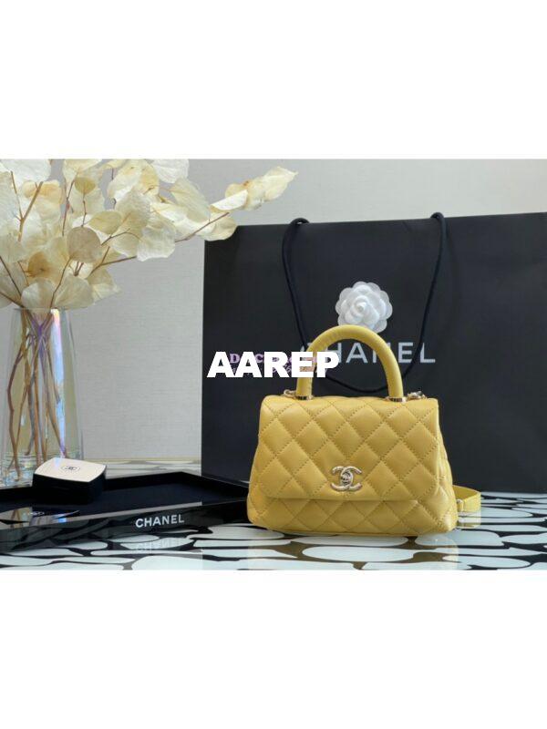 Replica Chanel Mini Coco Handle Bag in Grained Calfskin with Shining Gold Hardware AS2215 Yellow 3