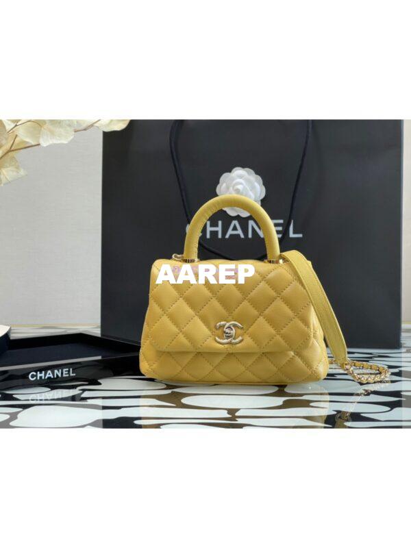 Replica Chanel Mini Coco Handle Bag in Grained Calfskin with Shining Gold Hardware AS2215 Yellow 4