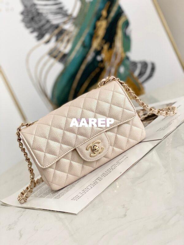 Replica Chanel Quilted Mini Classic Flap Bag Iridescent Caviar 20cm Beige 3