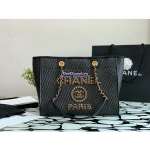 Replica Chanel Large Deauville Woven Chain Leather Logo Bag A66943 Straw Black