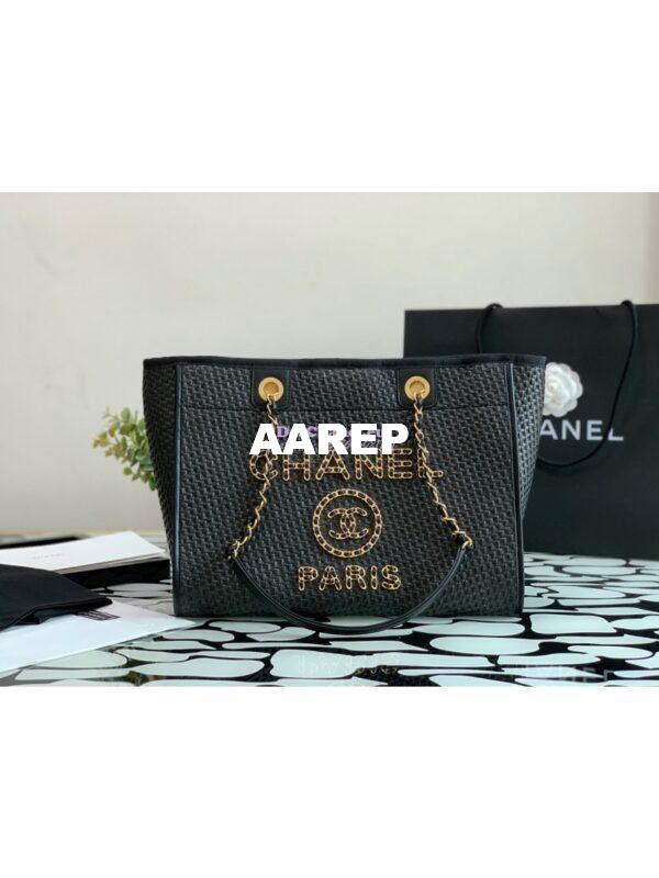 Replica Chanel Large Deauville Woven Chain Leather Logo Bag A66943 Straw Black